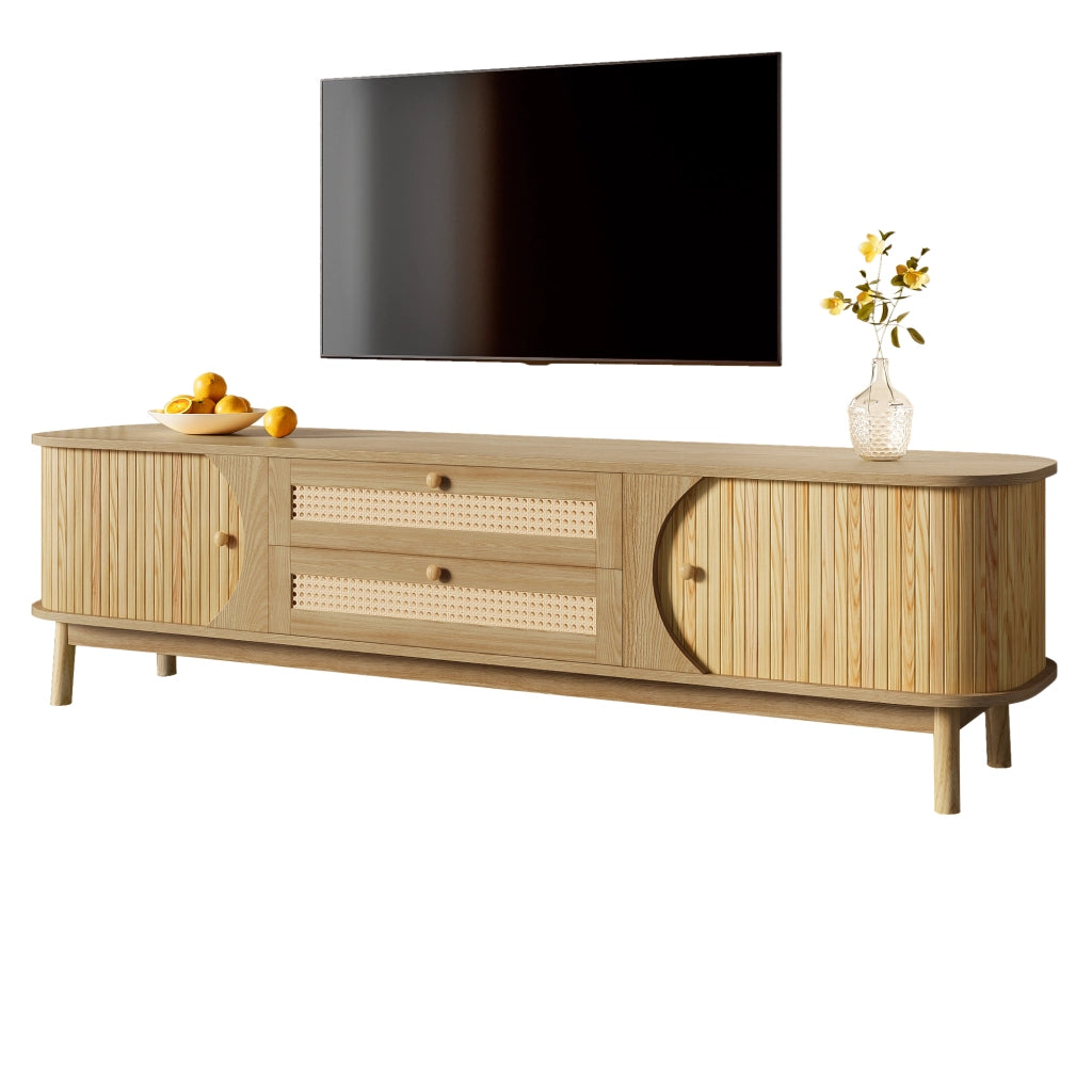 OKWISH Mobile TV con Ante e Cassetti, Frontali Effetto Rattan, Stile Naturale per Soggiorno, MDF e Legno Massello, 170×39,5×46 cm
