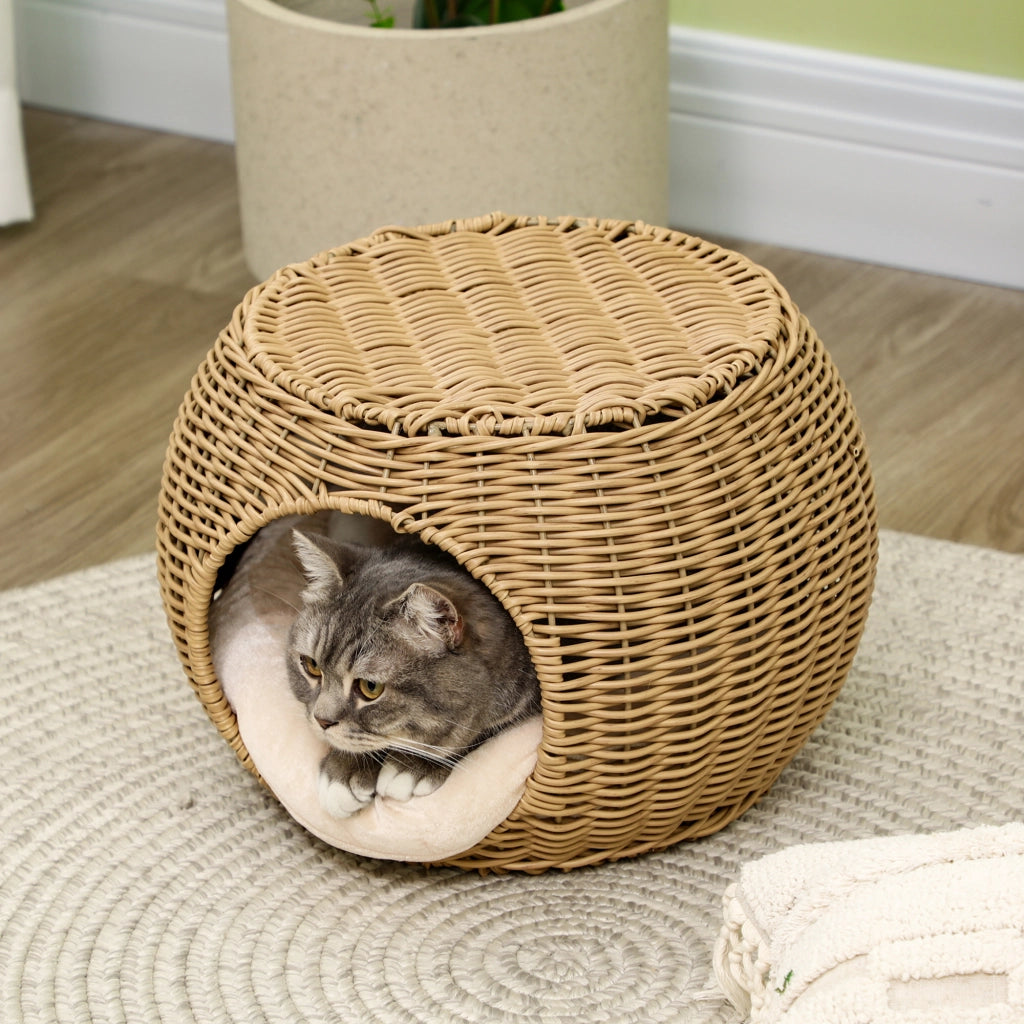 Cesta per Gatti a 2 Livelli ¨C zephmum ¨C Resina Effetto Rattan con Cuscino Marrone Chiaro ?40x30cm