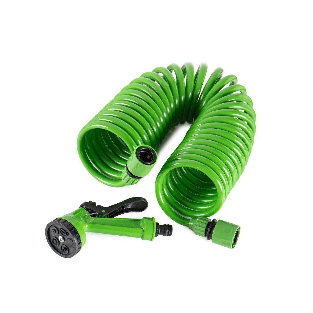 Tubo Irrigazione Spiralato con Pistola Multifunzione 7,5 / 10 / 15 m Estensibile da Giardino con Raccordi Rapidi 7.5 Metri