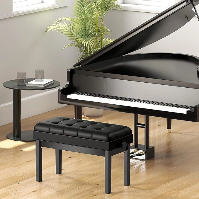 Panca per pianoforte imbottita con altezza regolabile 48-58 cm, panca per pianoforte o tastiera con spazio di archiviazione, gambe in legno massello, portata fino a 200 kg (nero)