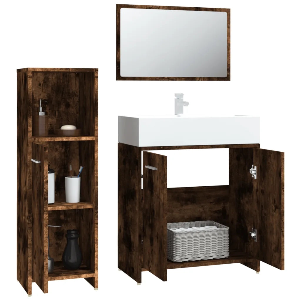 Set Mobili da Bagno 3 pz Rovere Fumo in Legno Multistrato 3154406