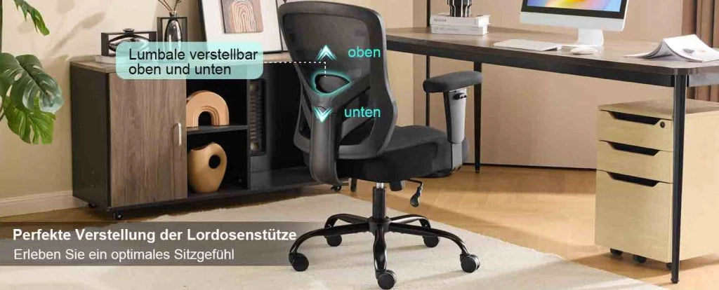 Sedia da ufficio nera ergonomica con supporto lombare regolabile e braccioli 2D