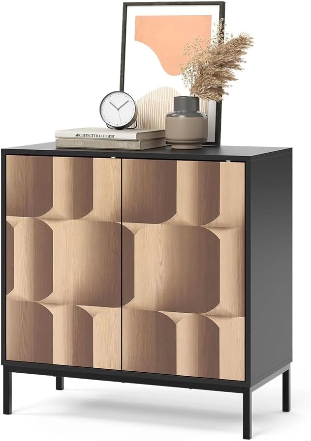 Credenza Eliza, Nero/quercia, 80 x 81.2 cm con 2 ante, Meccanismo push-to-open e superficie facile da pulire