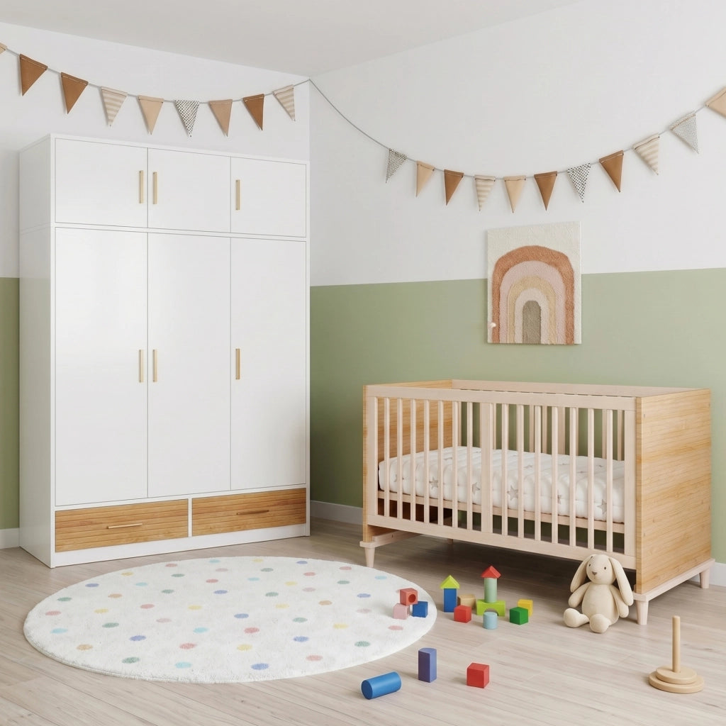 Set cameretta bebè con armadio 3 ante e lettino a sbarre, naturale, 120x50x180 cm + 70x140x87 cm
