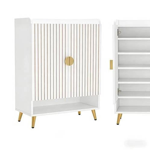 Scarpiera a 7 livelli con ripiano regolabile; legno e metallo bianco e oro