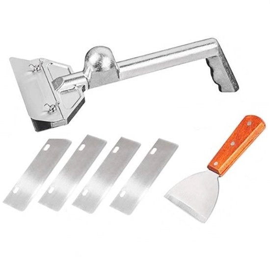 Strumento di pulizia per cucina con maniglia ergonomico - Grattatore per cucina - Kit di pulizia per cucina - Lame di ricambio - Materiale: Lega di alluminio/Rostofree Stainl - Dimensioni 41x15x13cm