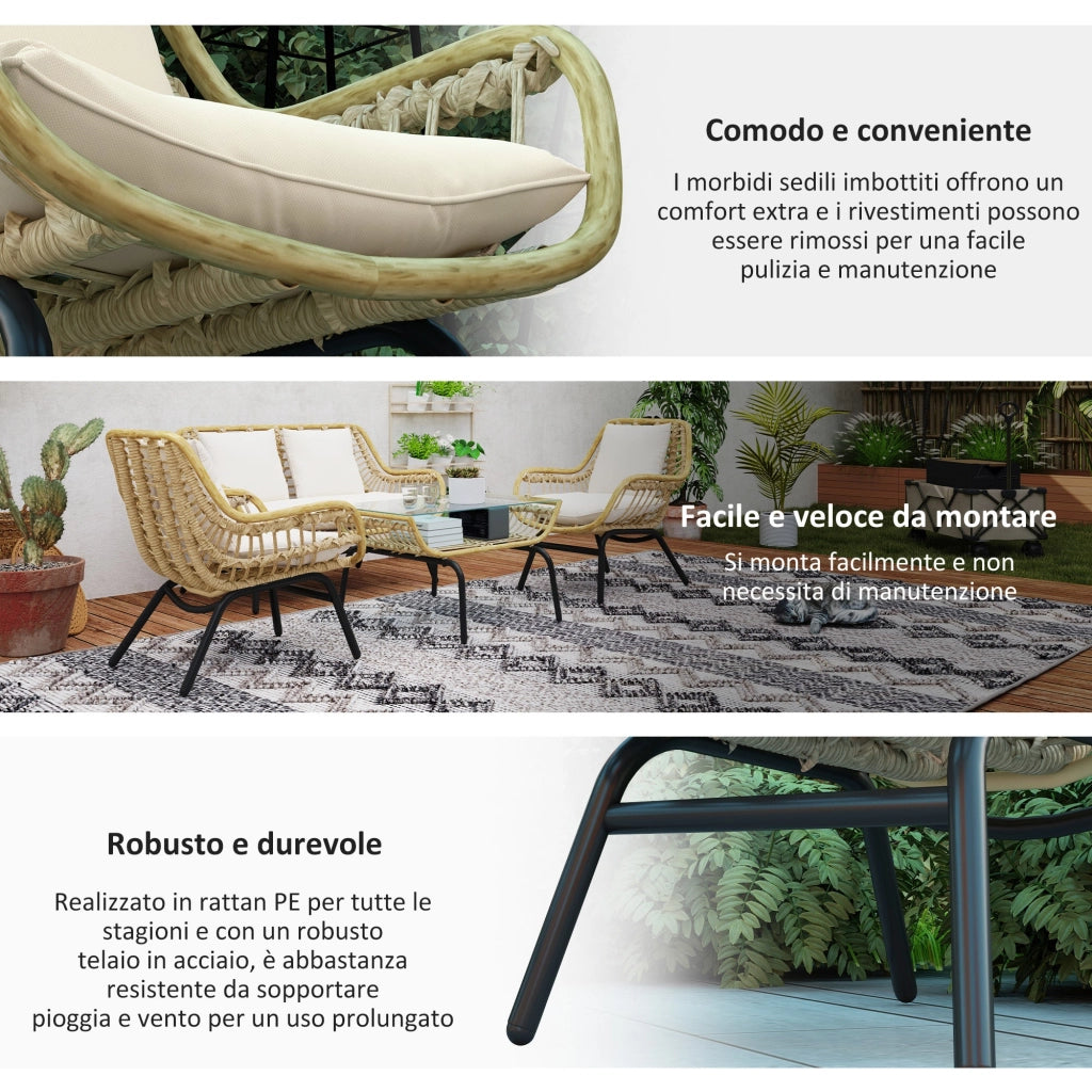 Set Salotto da Giardino Divano 2 Poltrone e Tavolino in Rattan e PE Beige