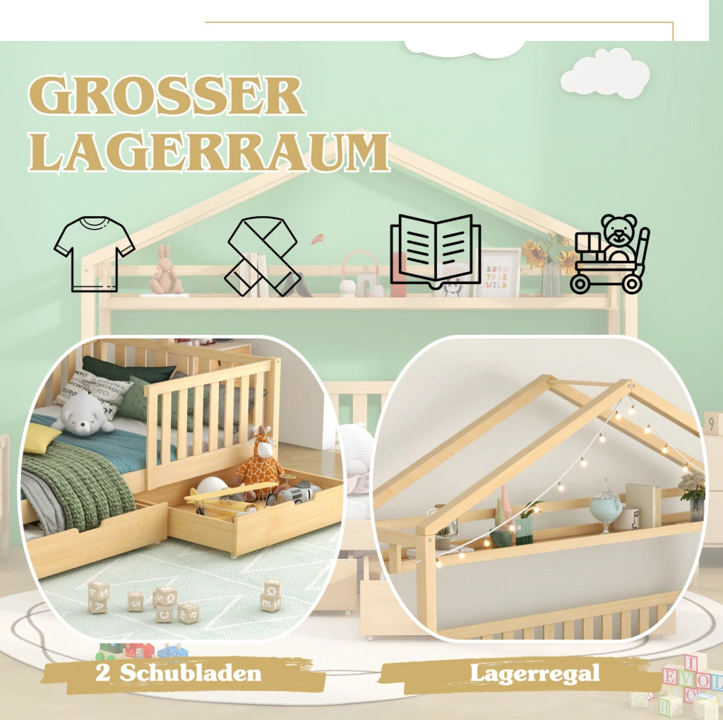 Letto a casetta per bambini 90x200 cm naturale con 2 cassetti