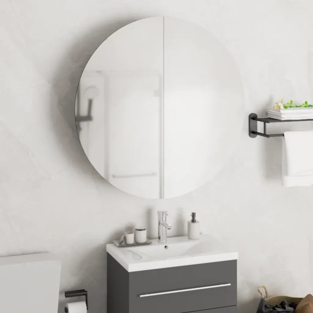 Armadio da Bagno con Specchio Rotondo e LED Grigio 54x54x17,5cm 345589