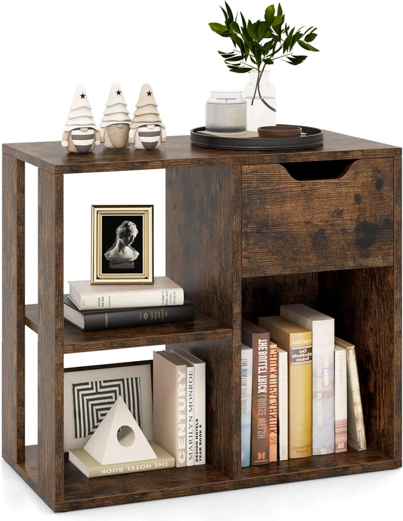 Libreria Scaffale, Libreria Bianco in Legno con Cassetto e 3 Cubi, 60 x 30 x 53 cm, Scaffale Multiuso per Soggiorno, Ingresso, Ufficio e Cameretta (Nero)