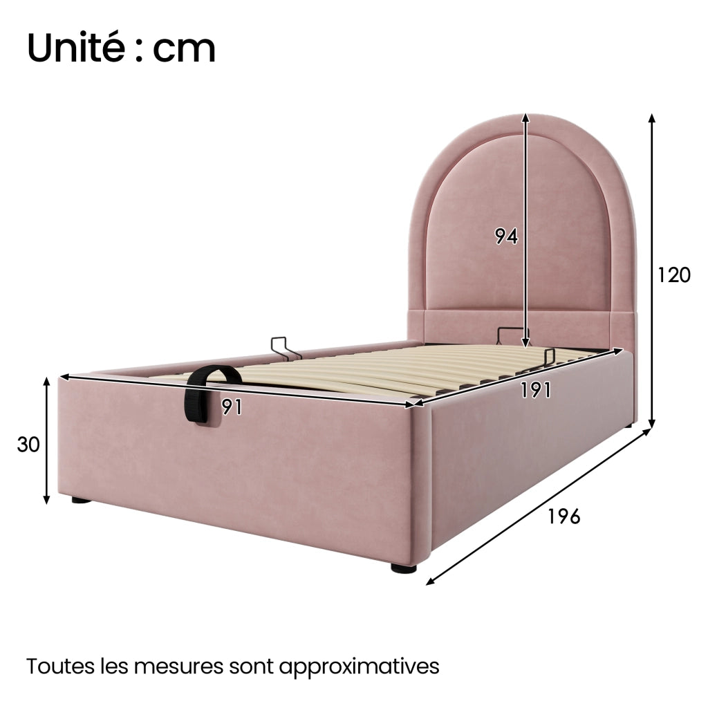 Letto Contenitore Singolo 90 × 190 cm con Vano Contenitore; senza Materasso; Velluto Rosa