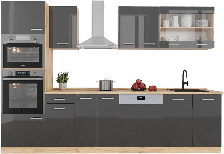 Cucina componibile R-Line, Antracite lucido/oro power oak, 300 cm con armadio alto, PL Marmo, per l'espansione personalizzata tramite moduli aggiuntivi compatibili