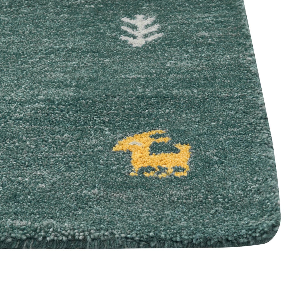Tappeto Gabbeh in lana verde 140 x 200 cm, trapuntato a mano con motivi animali occidentali e design rustico