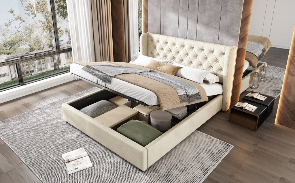 DESMIU Letto Contenitore 2 Posti con Vano Idraulico e Testiera Imbottita, 140 × 190 cm, senza Materasso, Beige