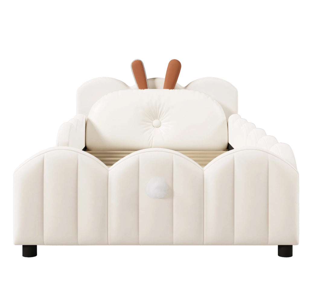 Letto imbottito 90x200 cm beige con cuscino testiera a forma di coniglio