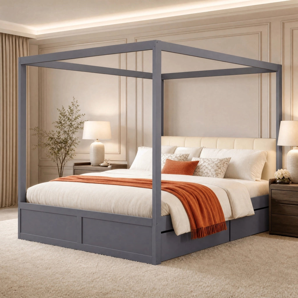 LETTO a tenda 140x200 cm con 2 cassetti e testiera imbottita grigio