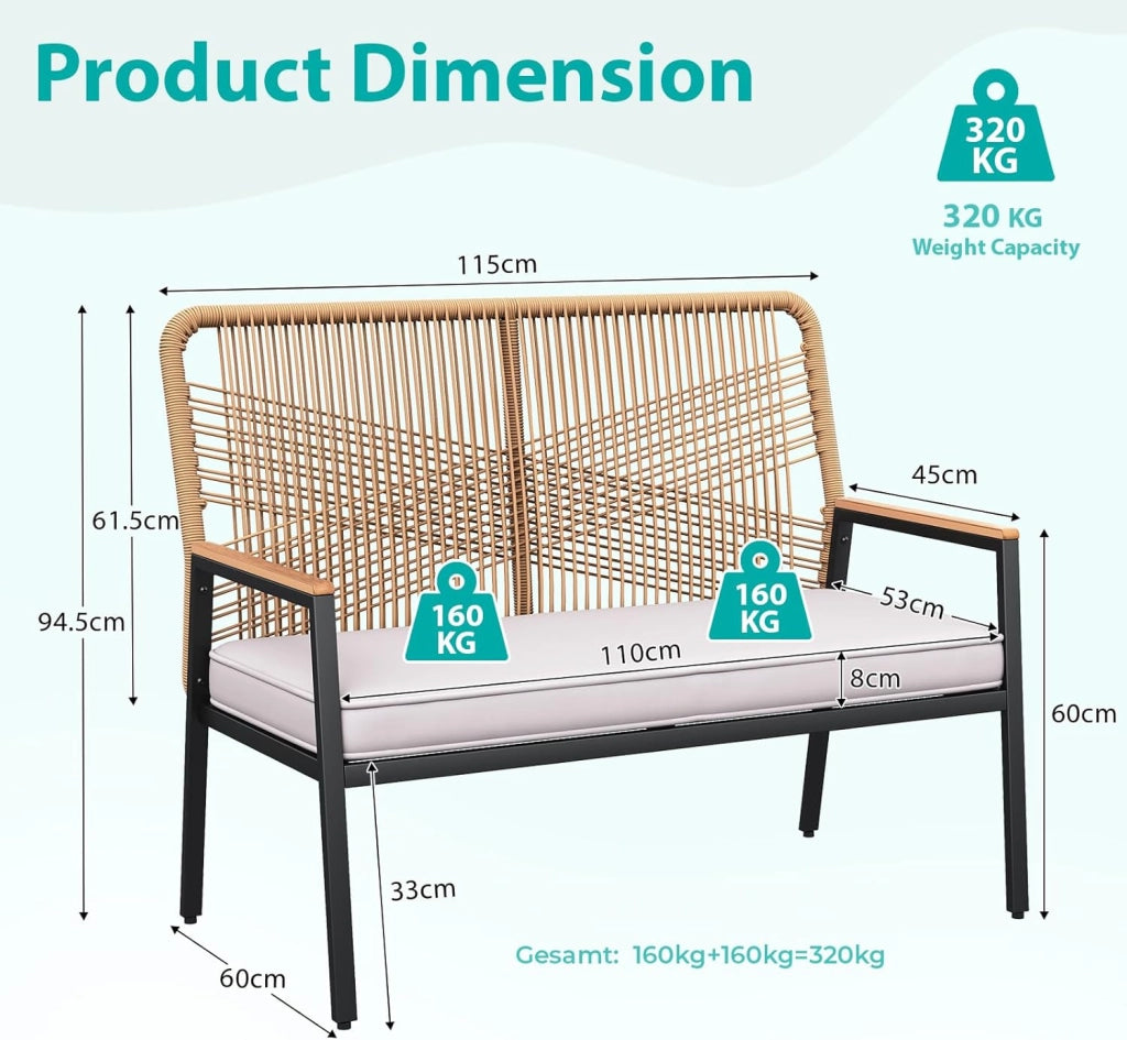 Panchina da giardino in rattan, sedia da giardino a 2 posti in polyrattan, panchina da esterno, resistente alle intemperie, braccioli in WPC, per terrazza, giardino e veranda, beige