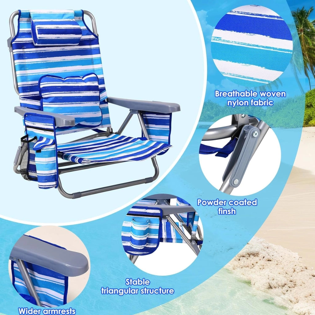 Sedia da spiaggia con funzione zaino, pieghevole con funzione di sdraio, per sabbia, schienale alto, regolabile, con bracciolo, cuscino lombare, poggiatesta tasche laterali, sedia da campeggio