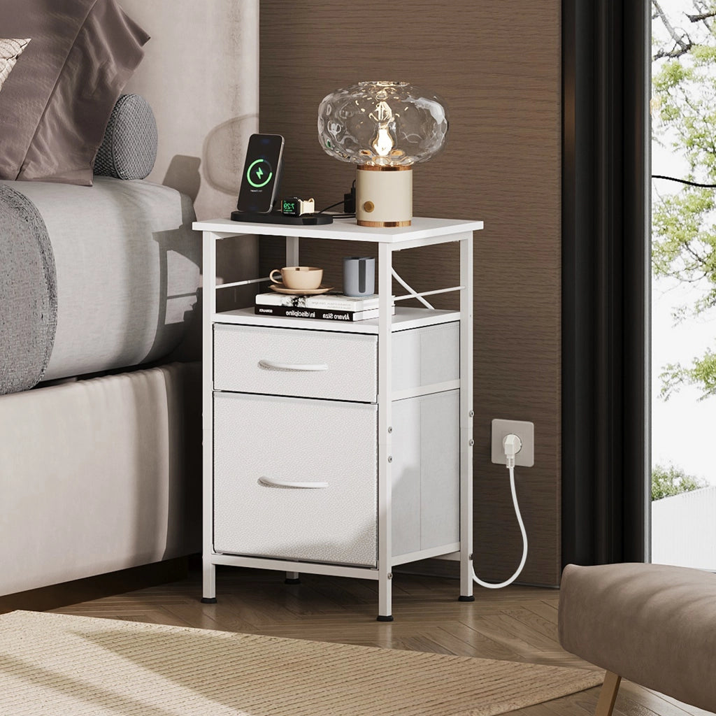 Comodino Bianco con 2 Cassetti in Tessuto e Presa ¨C zephmum ¨C 40x30x60cm