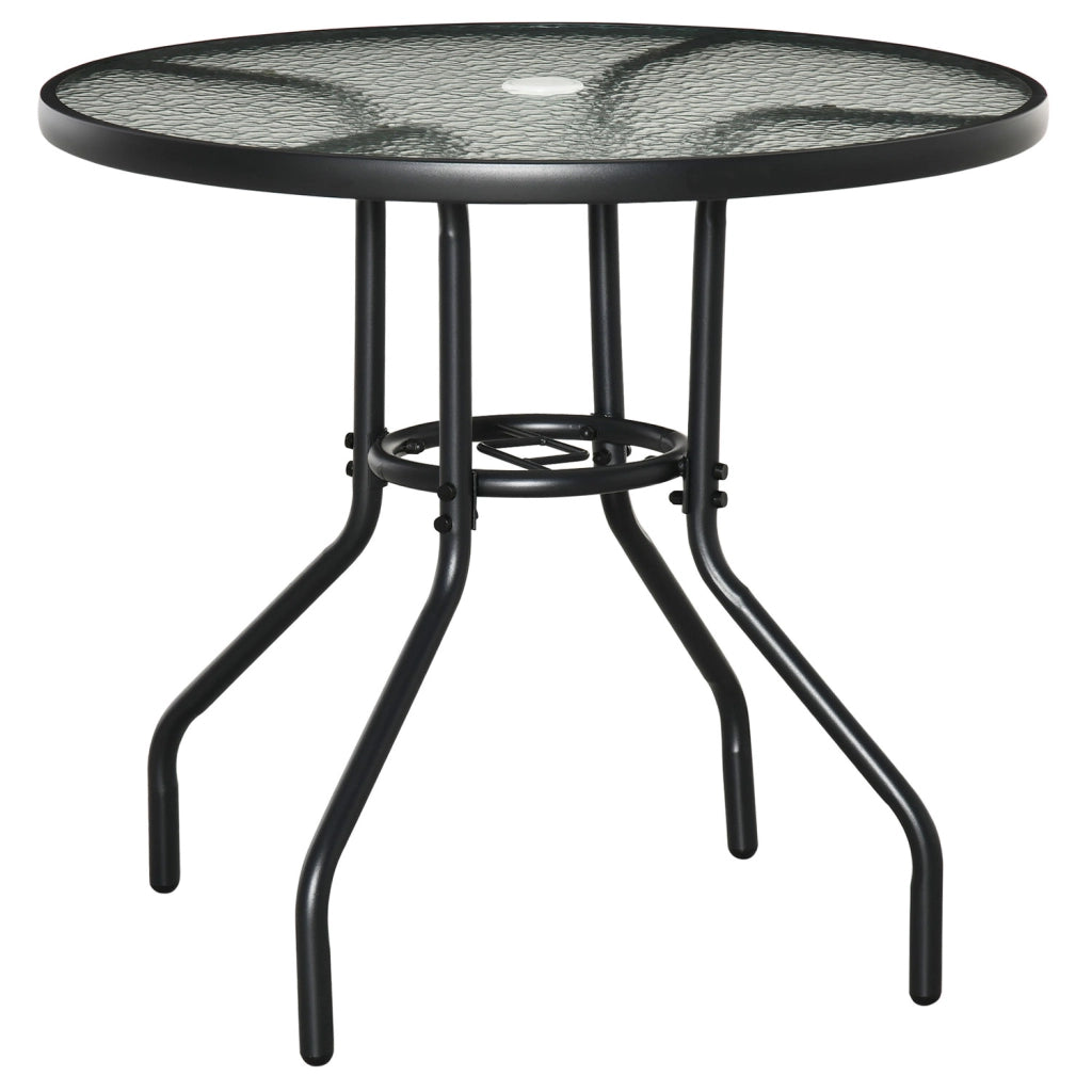 Tavolino da Giardino Ø80x72 cm Piano in Vetro con Foro in Metallo Nero