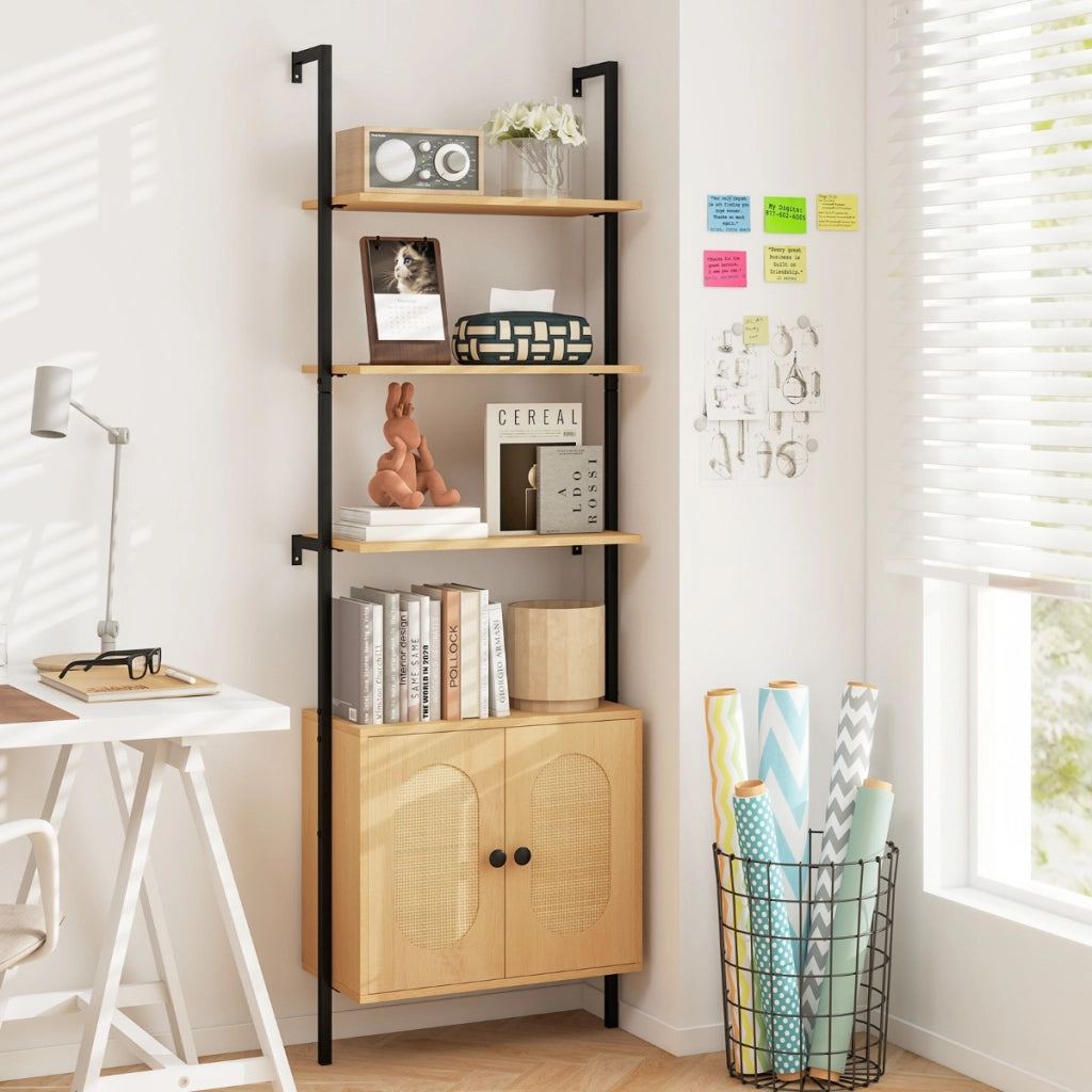 Libreria scala armadietto scaffale a scala a parete con ripiano regolabile-Libreria a 3 livelli con armadietto in rattan Legno naturale