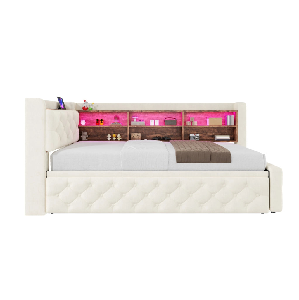 Divano letto estraibile 90x190 cm in velluto beige con LED, USB e USB-C