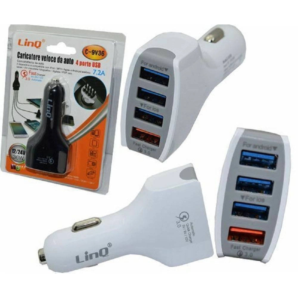 Trade Shop - Caricabatteria Da Auto Ricarica Veloce 4 Porte Usb 5v 9v 12v 24v 7.2a 36w C-9v36 -