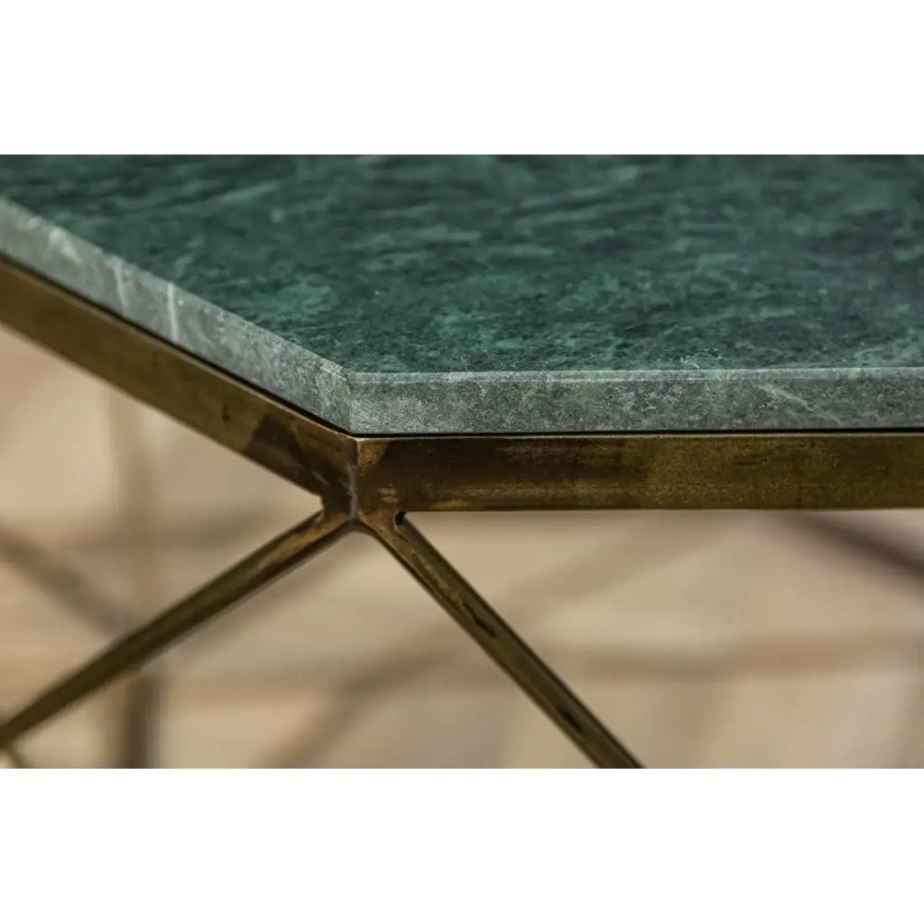 Table bassa NEXORA 70 cm in marmo verde e ferro finitura ottone design geometrico