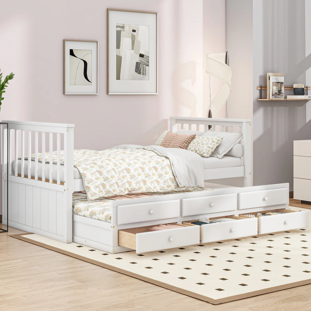 Letto singolo 90×200 cm e 90×190 cm con 3 cassetti e letto estraibile; senza materasso; legno; bianco