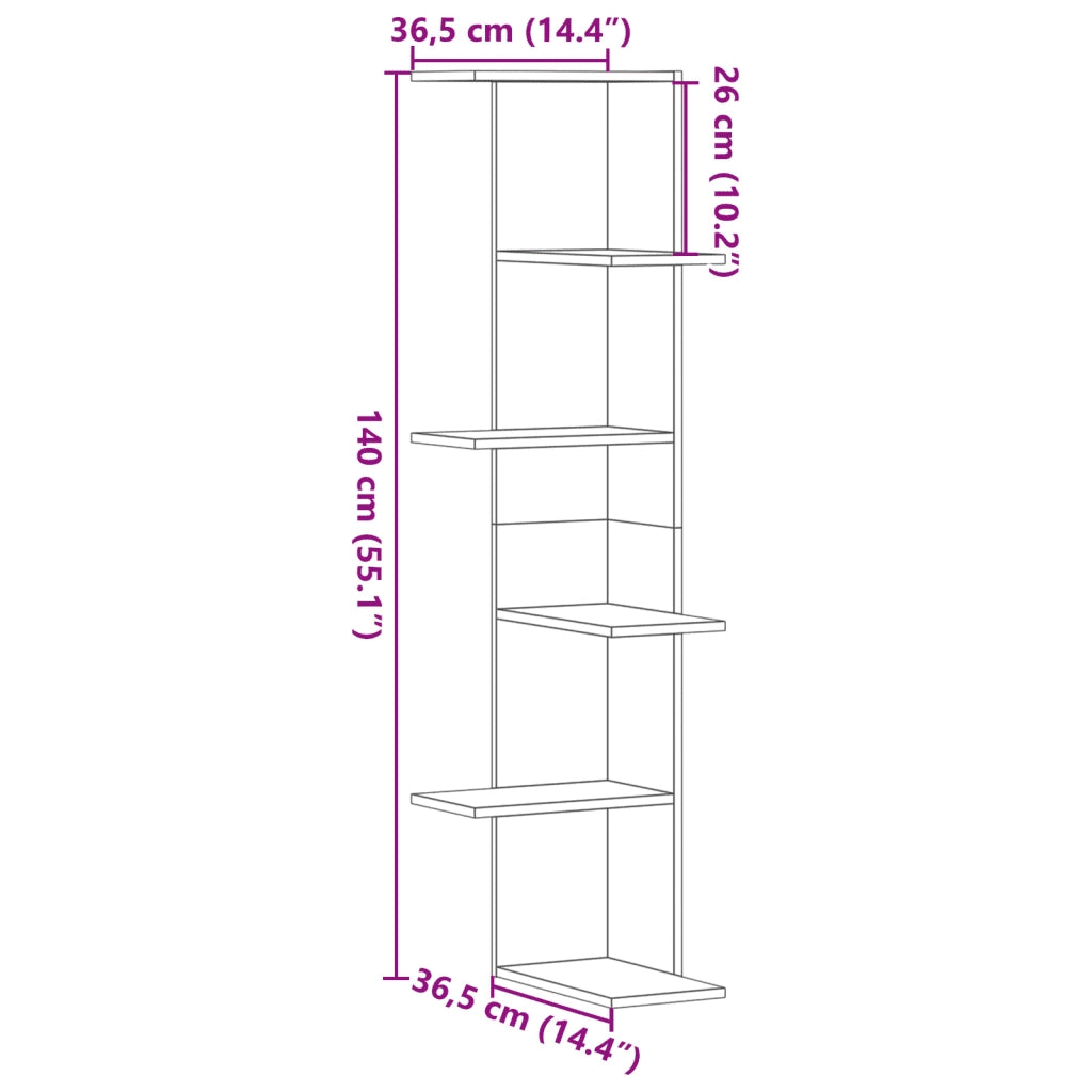 vidaXL Scaffale Angolare Muro Grigio Cemento 36,5x36,5x140 cm Legno