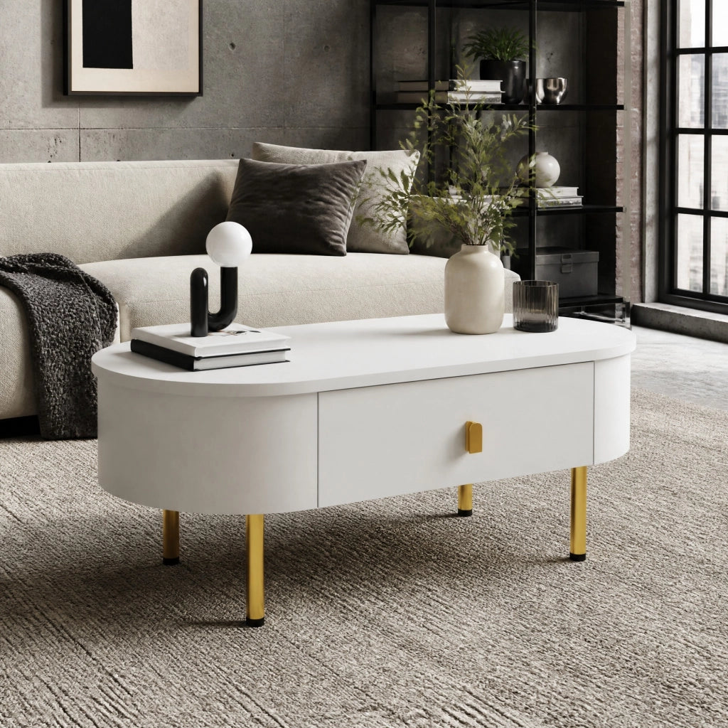 TAVOLINO 108 cm con 2 cassetti, MDF bianco, dettagli oro