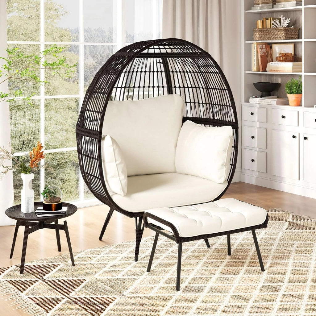 Set di Sedia a Uovo e Pouf, Sedia e Poggiapiedi in Rattan PE con 5 Cuscini, Robusta Struttura in Metallo, Set di Mobili da Esterno e Interno per Terrazza, Giardino, Soggiorno