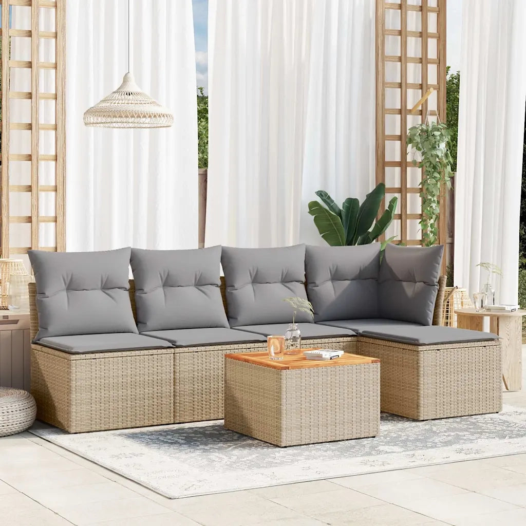 Set Divano da Giardino 6 pz | Set Salotto da Giardino con Cuscini Beige in Polyrattan
