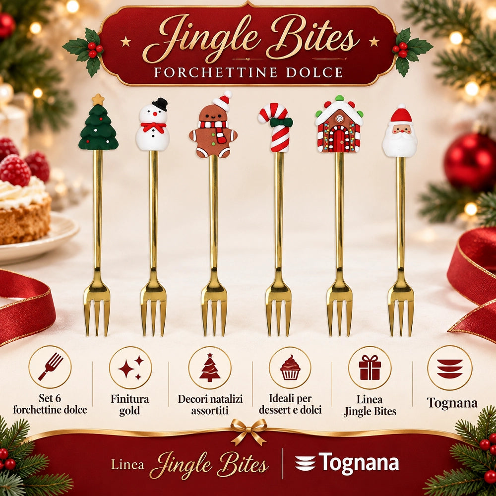 Set 6 Forchettine Dolce Tognana Jingle Bites Gold Natalizie