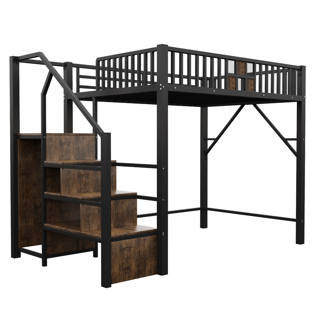 Letto a soppalco 140x200 cm con armadio; cassetto e scala contenitore in metallo e legno nero