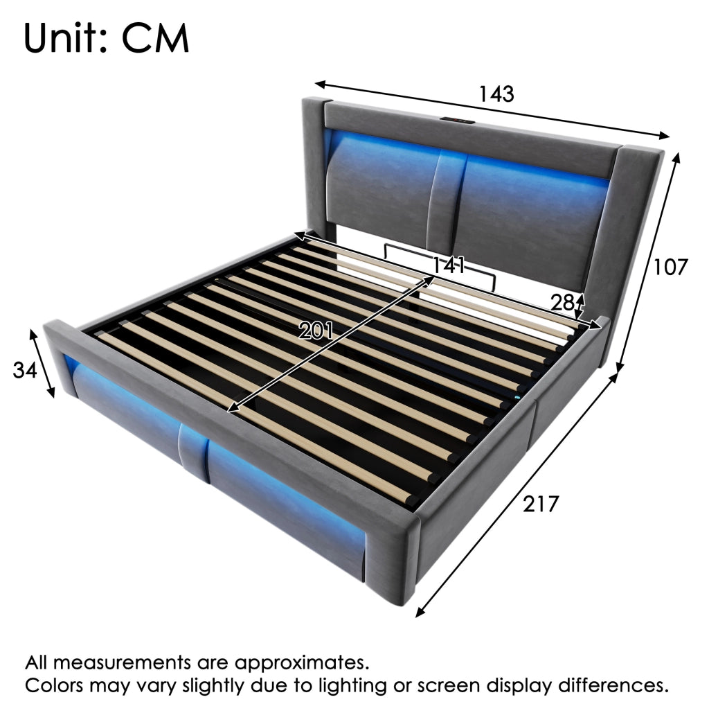Letto matrimoniale 140x200 cm con contenitore; LED; USB e materasso; in velluto grigio