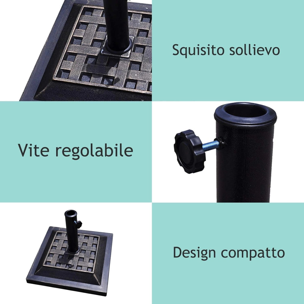 Base per Ombrellone, per Pali da 38-48mm, Base Ombrellone in Resina, 12KG, 44 x 44 x 33 cm, Nero