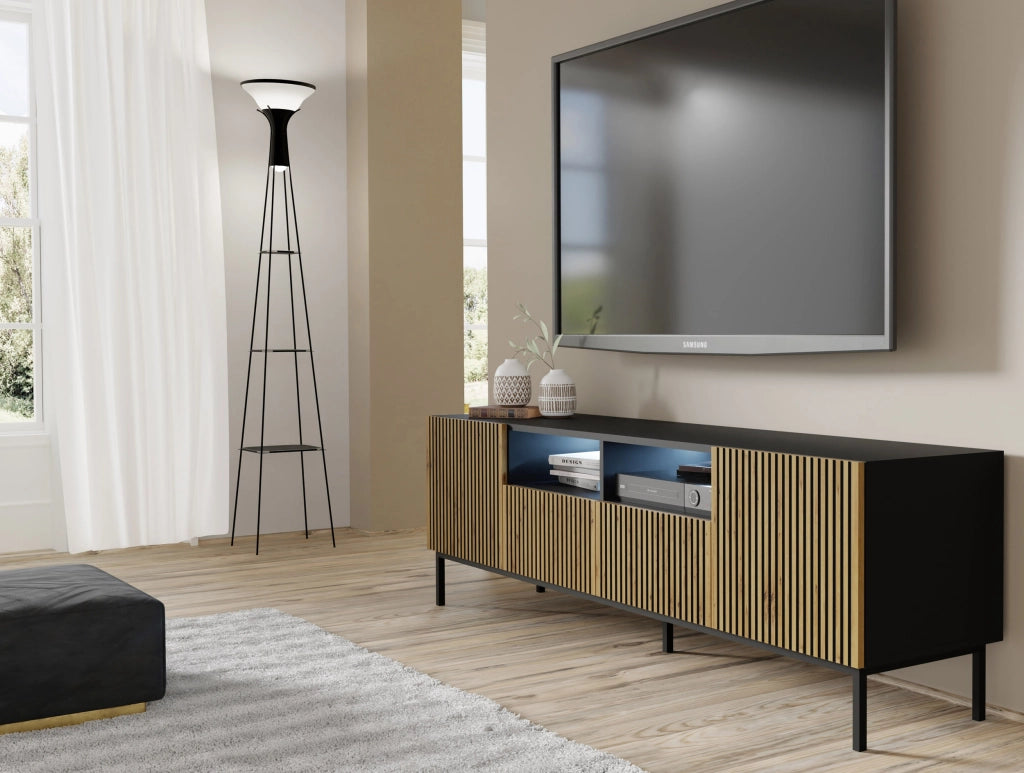 MOBILE RAVENNA F PORTA TV IN MDF VERNICIATO 2D2S 200 NERO OPACO ROVERE ARTIGIANALE STRUTTURA NERA