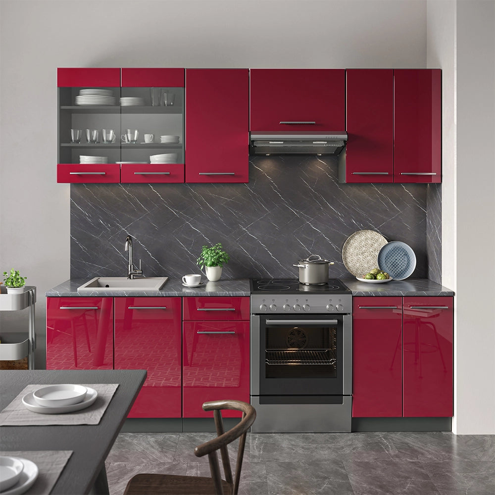 Vicco Armadi da cucina Rosso bordeaux lucido 240 cm senza piano di lavoro