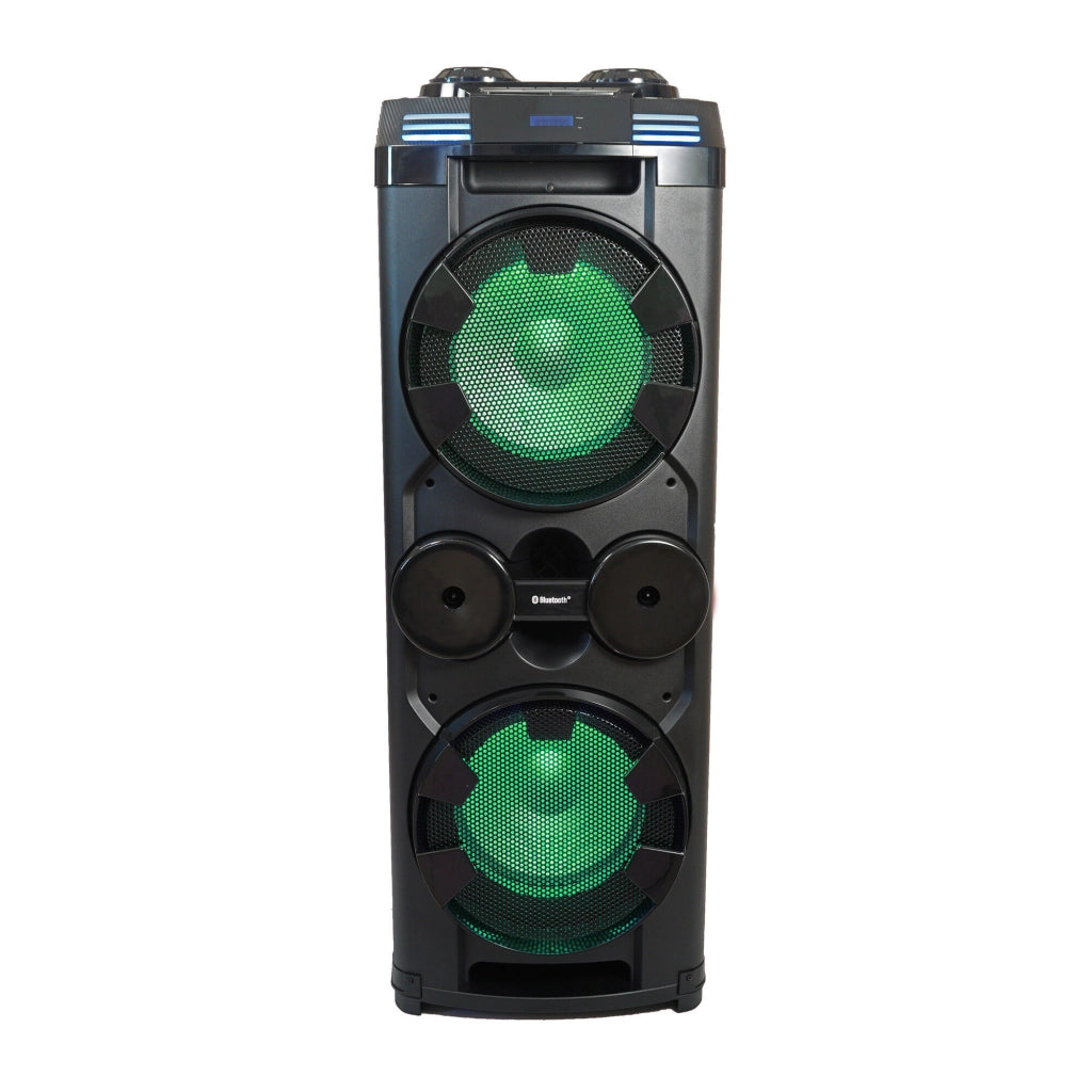 Cassa Bluetooth a trolley 2x12 pollici con tweeter, 150W RMS, karaoke, ruote, luci LED RGB e radio FM - SOGO