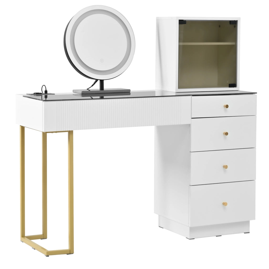 Set toeletta moderno con specchio LED, 5 cassetti, armadietto con anta in vetro e piano in vetro temperato, bianco, 120 x 40 x 120 cm