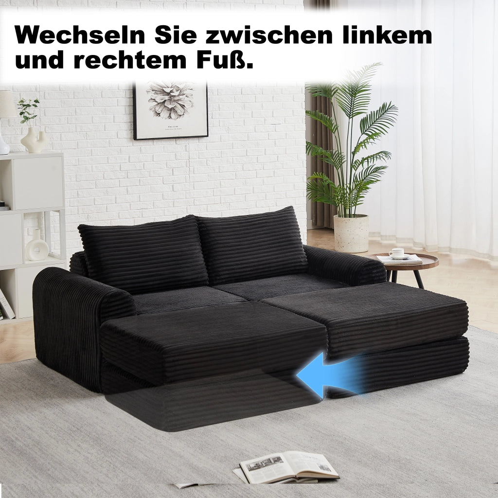 Divano letto modulare con pouf rimovibile e braccioli curvi, configurazione flessibile in velluto a coste nero