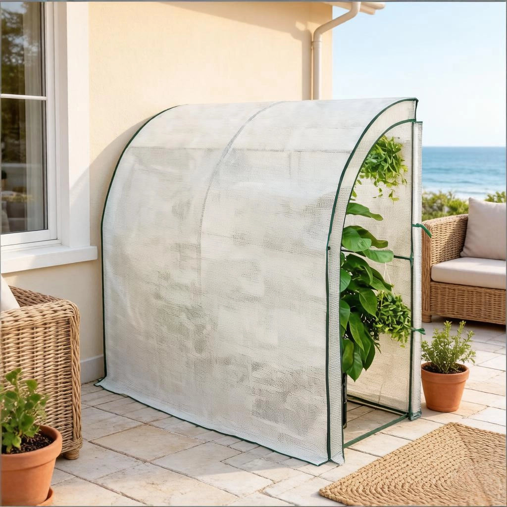 Serra a tunnel addossata con 2 porte avvolgibili e tetto semicircolare in metallo e polietilene bianco 200 × 100 × 210 cm