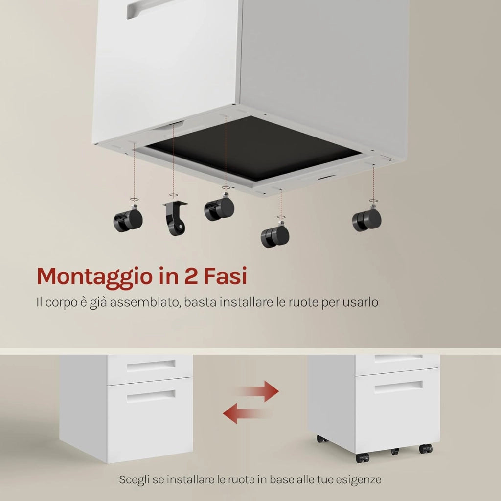 Cassettiera da Ufficio Scrivania Studio con Rotelle Mobiletto con 3 Cassetti e Serratura per Documenti Cartelle Sospese Cancelleria, Pre-Assemblato, metallo Bianco