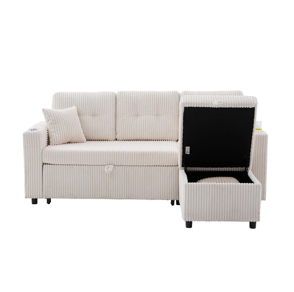 Divano multifunzione in velluto a coste con letto estraibile, vano contenitore, illuminazione LED e porta USB-C, 196x82-144x85 cm