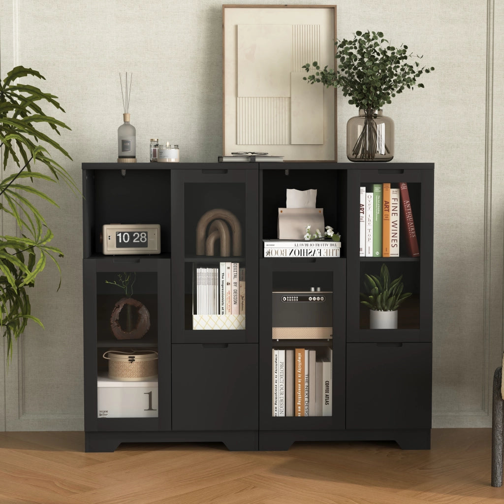 OKWISH Credenza Contenitore con 2 Ante in Vetro, 2 Ripiani Regolabili e 2 Vani Aperti, per Soggiorno, MDF, Nero