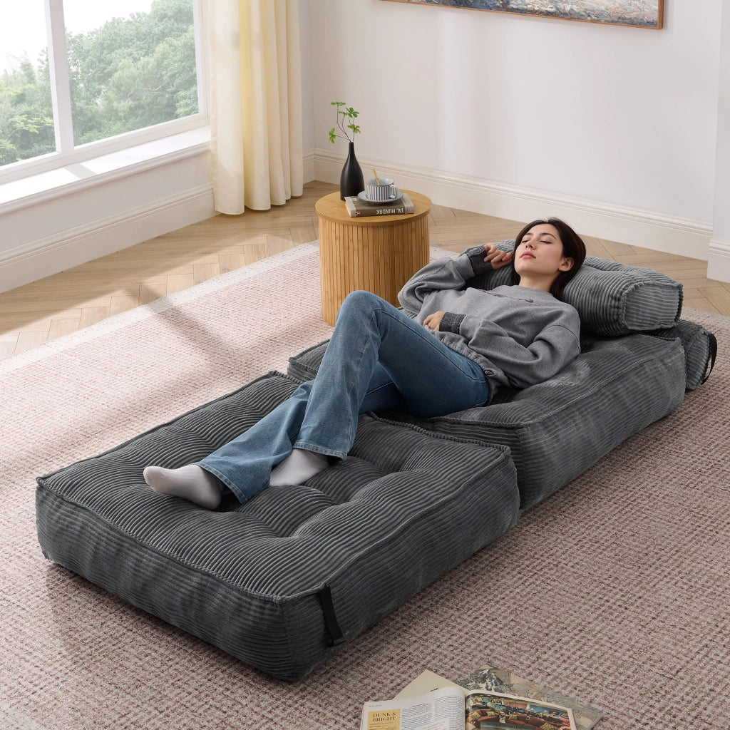 Pouf, divano letto pieghevole, velluto a coste, schienale regolabile, pronto all'uso, grigio