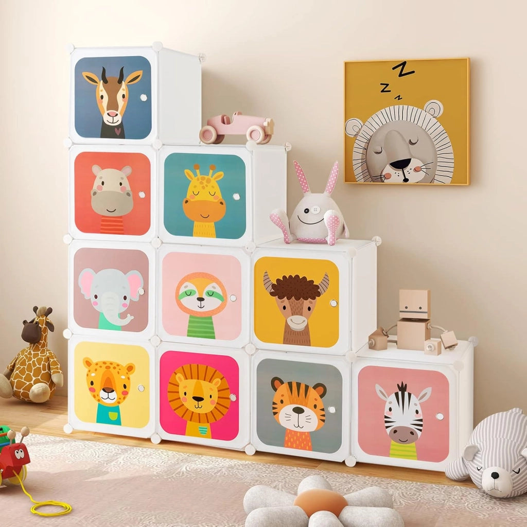 Guardaroba Portatile per Bambini, Armadio Portatile con 12 Cubi, Organizzatore Modulari per Camera dei Bambini Soggiorno, 109 x 35 x 145 cm (Bianco)