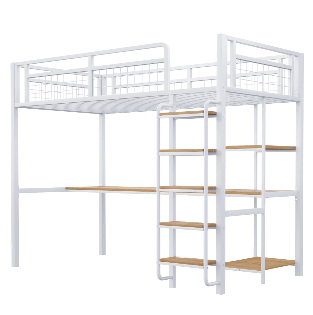 Letto a soppalco in metallo 90x200 cm con scrivania e ripiani; bianco