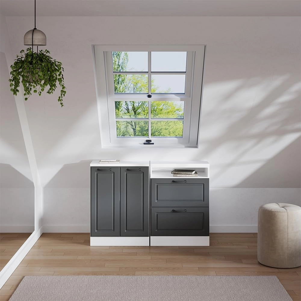 Set di mobili sottotetto Rion, Antracite casa di campagna, 120 cm Set di 2 carcasse armadio profondità 60 cm, adatto per il salvaspazio sotto tetti spioventi